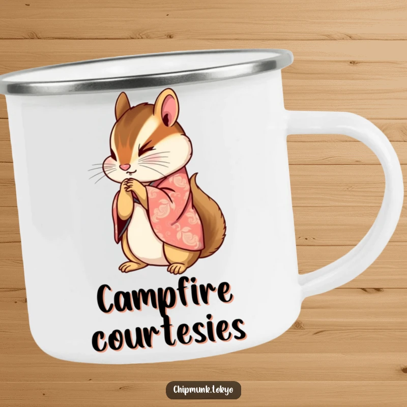 Funny camping mug with a chipmunk in a beautifully patterned kimono bowing gracefully with paws clasped, perfect for elegant outdoor settings.