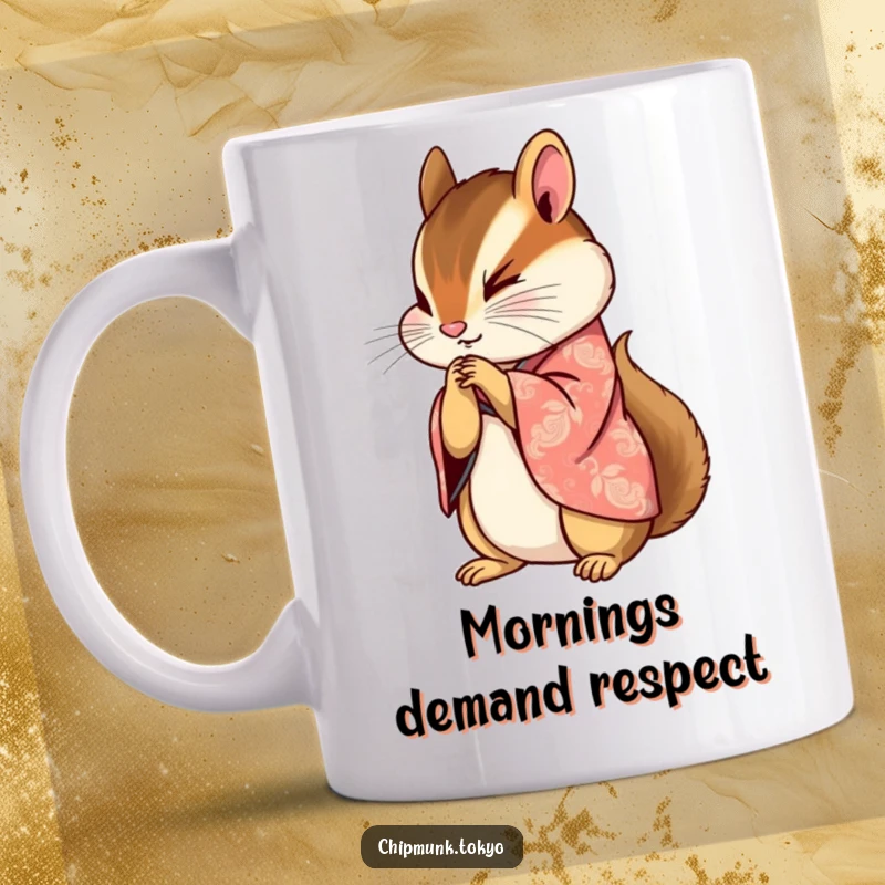 Funny mug featuring a chipmunk in a beautifully patterned kimono bowing gracefully with paws clasped, exuding elegance and respect.