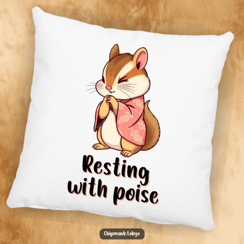 Funny pillow featuring a chipmunk in a beautifully patterned kimono bowing gracefully with paws clasped, offering comfort and elegance.