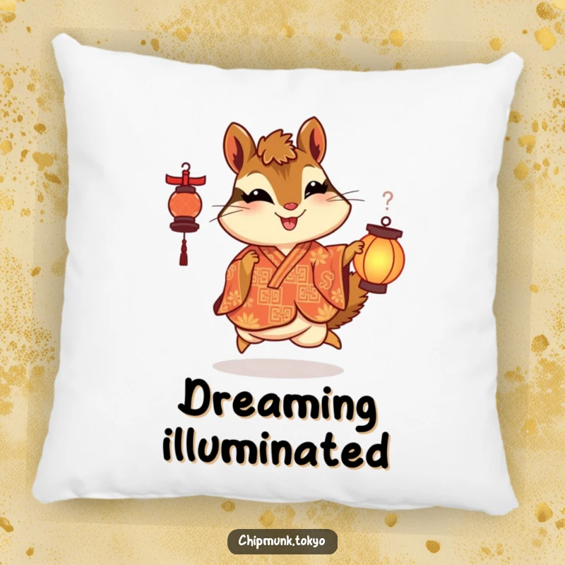 Funny pillow featuring a chipmunk in an ornate kimono skipping with delight while holding a lantern, offering comfort and whimsical joy.