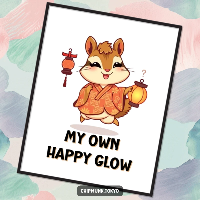 Funny digital art print of a chipmunk in an ornate kimono skipping with delight while holding a lantern, symbolizing pure joy and playful light.