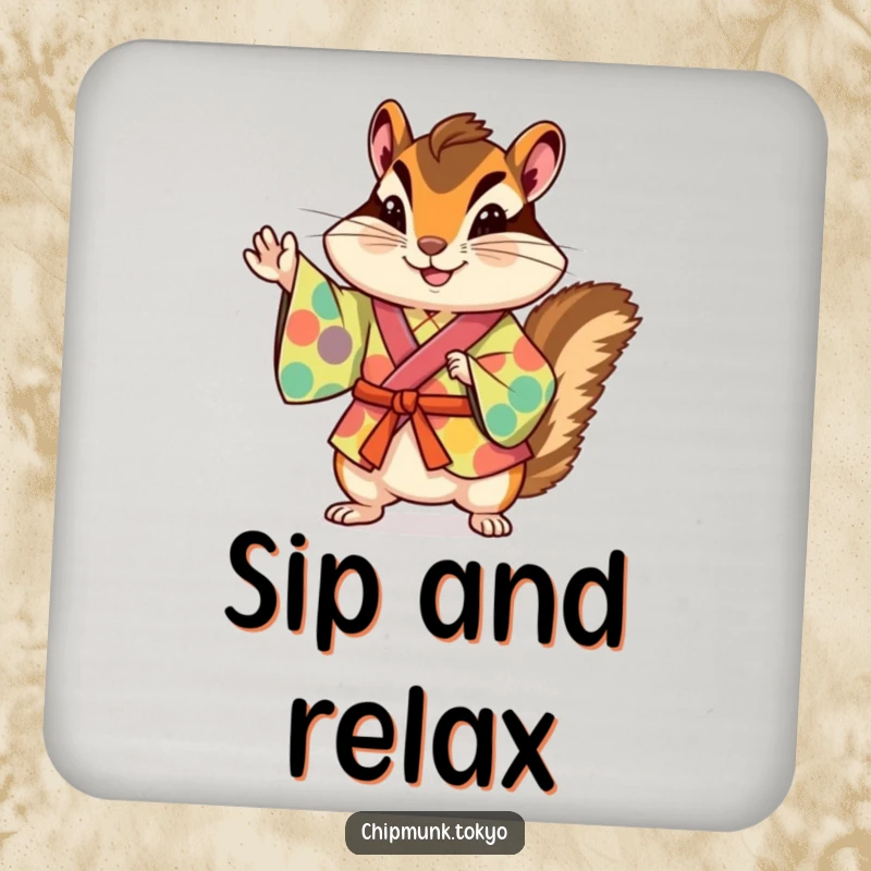 Funny chipmunk in a colorful kimono striking a playful pose, printed on a humorous drink coaster for surface protection.