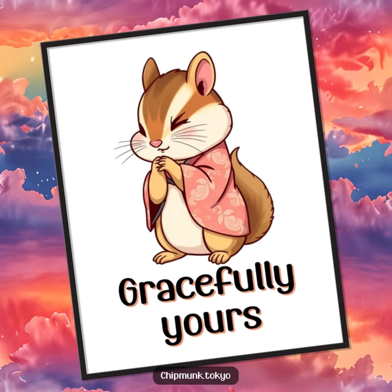 Funny poster of a chipmunk in a beautifully patterned kimono bowing gracefully with paws clasped, inspiring elegance and respect.