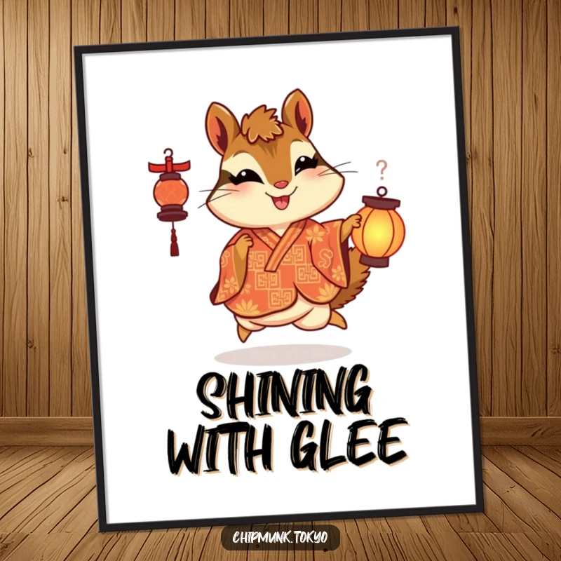 Funny poster of a chipmunk in an ornate kimono skipping with delight while holding a lantern, symbolizing joy, light, and celebration.