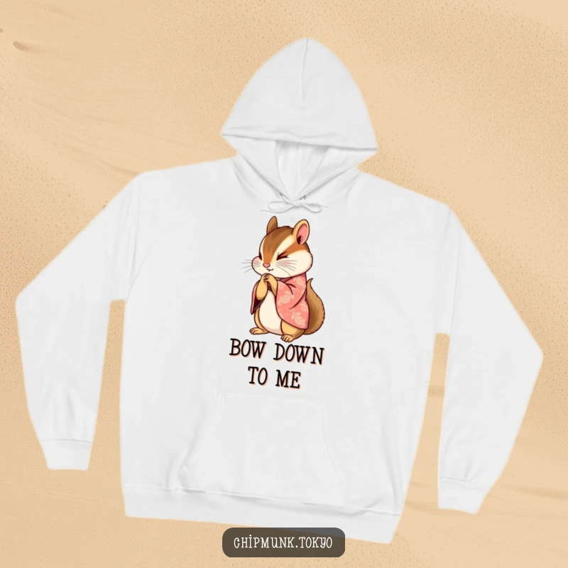 Funny hoodie featuring a chipmunk in a beautifully patterned kimono bowing gracefully with paws clasped, offering warmth and style.