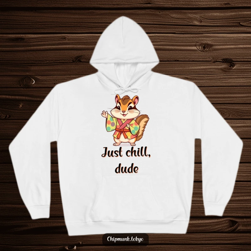 Funny chipmunk in a colorful kimono striking a playful pose, featured on a cozy hoodie, perfect for a humorous and warm gift.