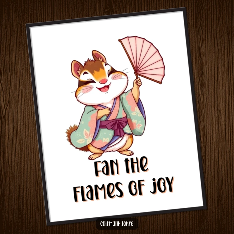 Funny Free Printable Wall Art: Chipmunk in a vibrant kimono joyfully holding aloft a delicate fan, a downloadable festive piece.
