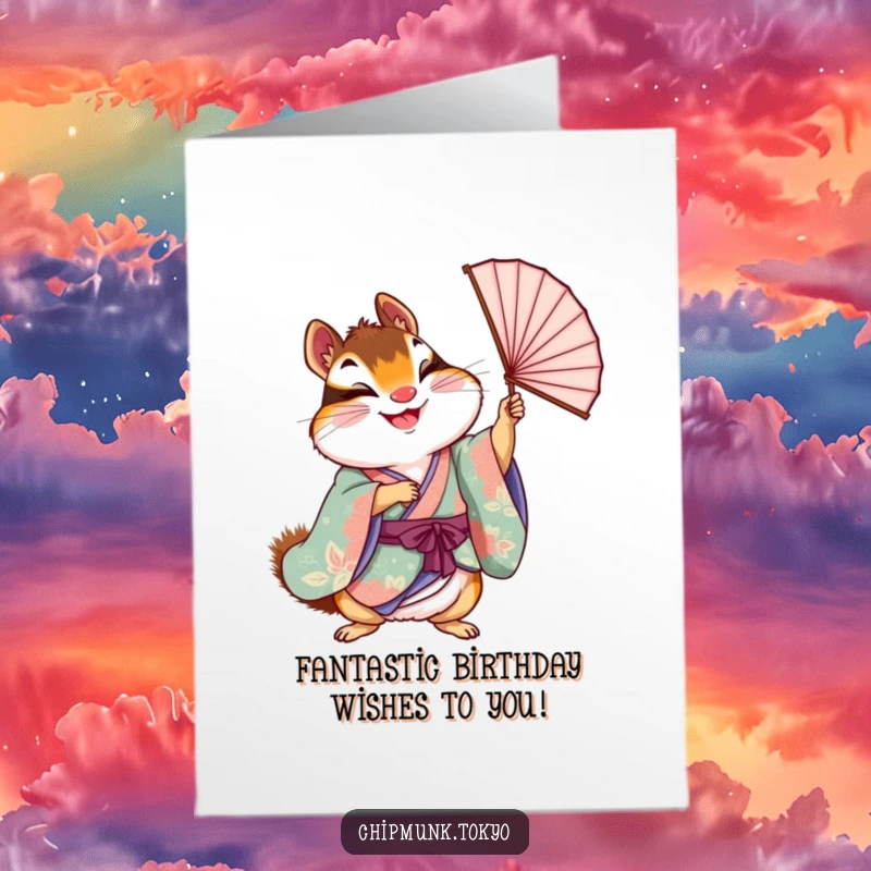 Funny Free Printable Birthday Card: Chipmunk in kimono joyfully holding aloft a delicate fan, a vibrant celebration.