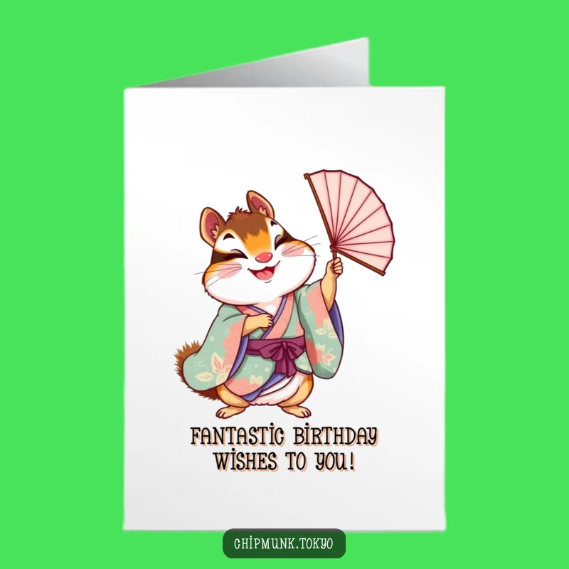 Free Printable Birthday Card: Festive Chipmunk Fan Dance, Joyful Downloadable Greeting