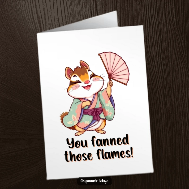 Funny Free Printable Congratulations Card: Chipmunk in kimono joyfully holding aloft a delicate fan, celebrating success.