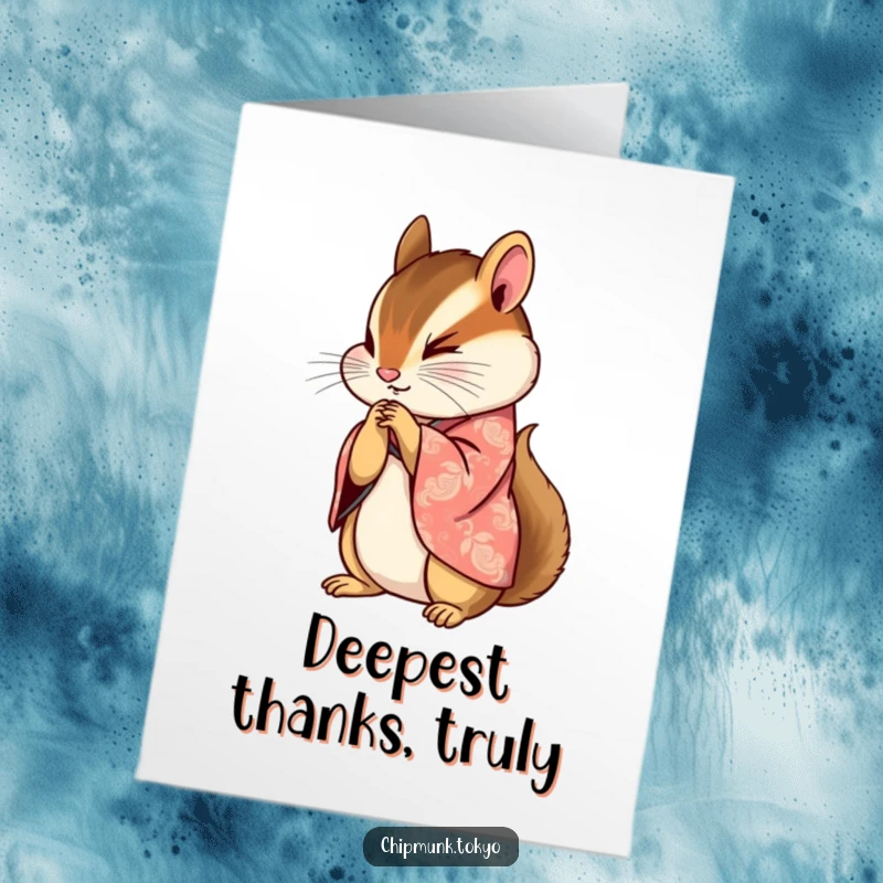 Funny Free Printable Thank You Card: Chipmunk in kimono bowing gracefully, paws clasped, a sophisticated downloadable expression.
