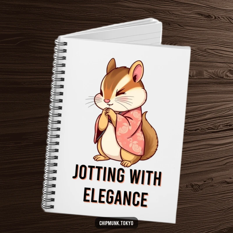 Funny notebook with a chipmunk in a beautifully patterned kimono bowing gracefully with paws clasped, ideal for elegant note-taking.