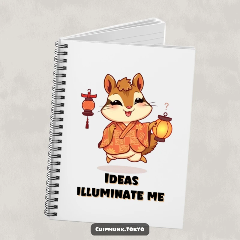 Funny notebook with a chipmunk in an ornate kimono skipping with delight while holding a lantern, ideal for capturing joyful thoughts.