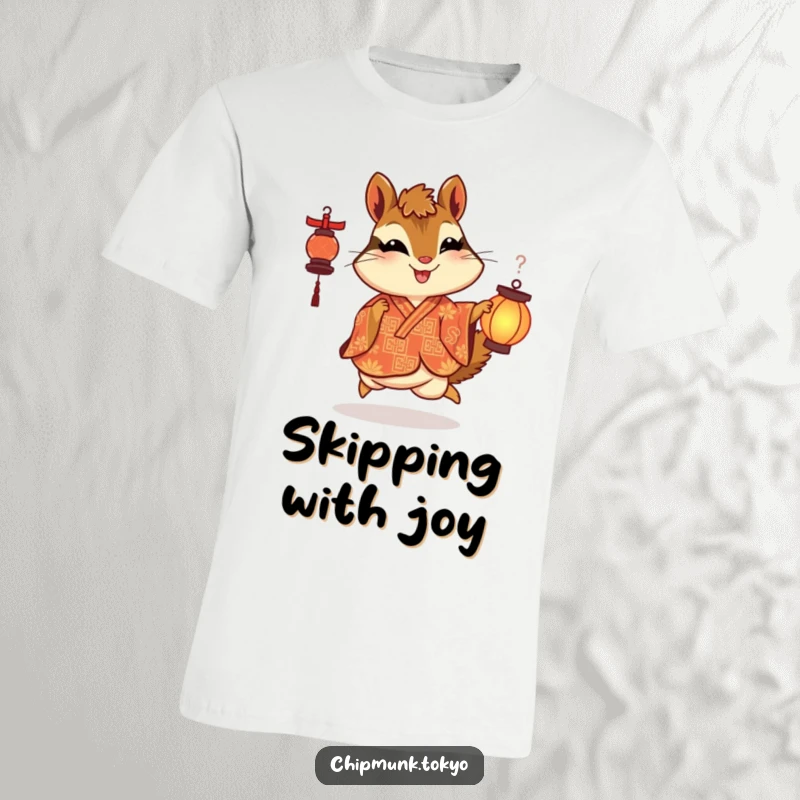 Funny t-shirt with a chipmunk in an ornate kimono skipping with delight while holding a lantern, depicting pure happiness and charm.