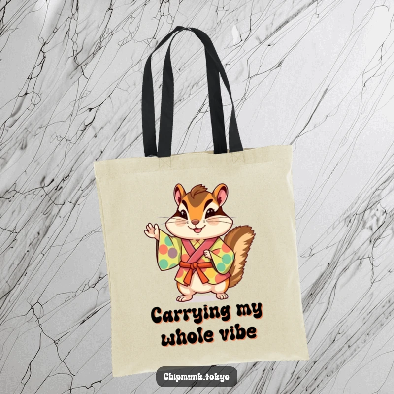 Funny chipmunk in a traditional colorful kimono striking a playful pose, printed on a durable and humorous tote bag.